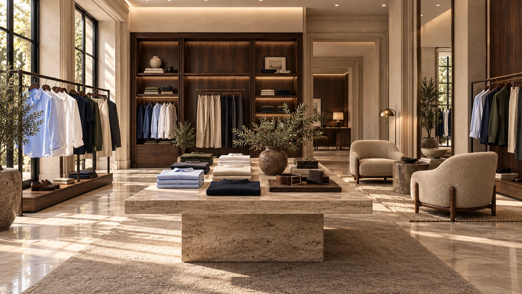 Propuesta conceptual de showroom MOND BLAIR, con madera de nogal, piedra natural y prendas de la colección.