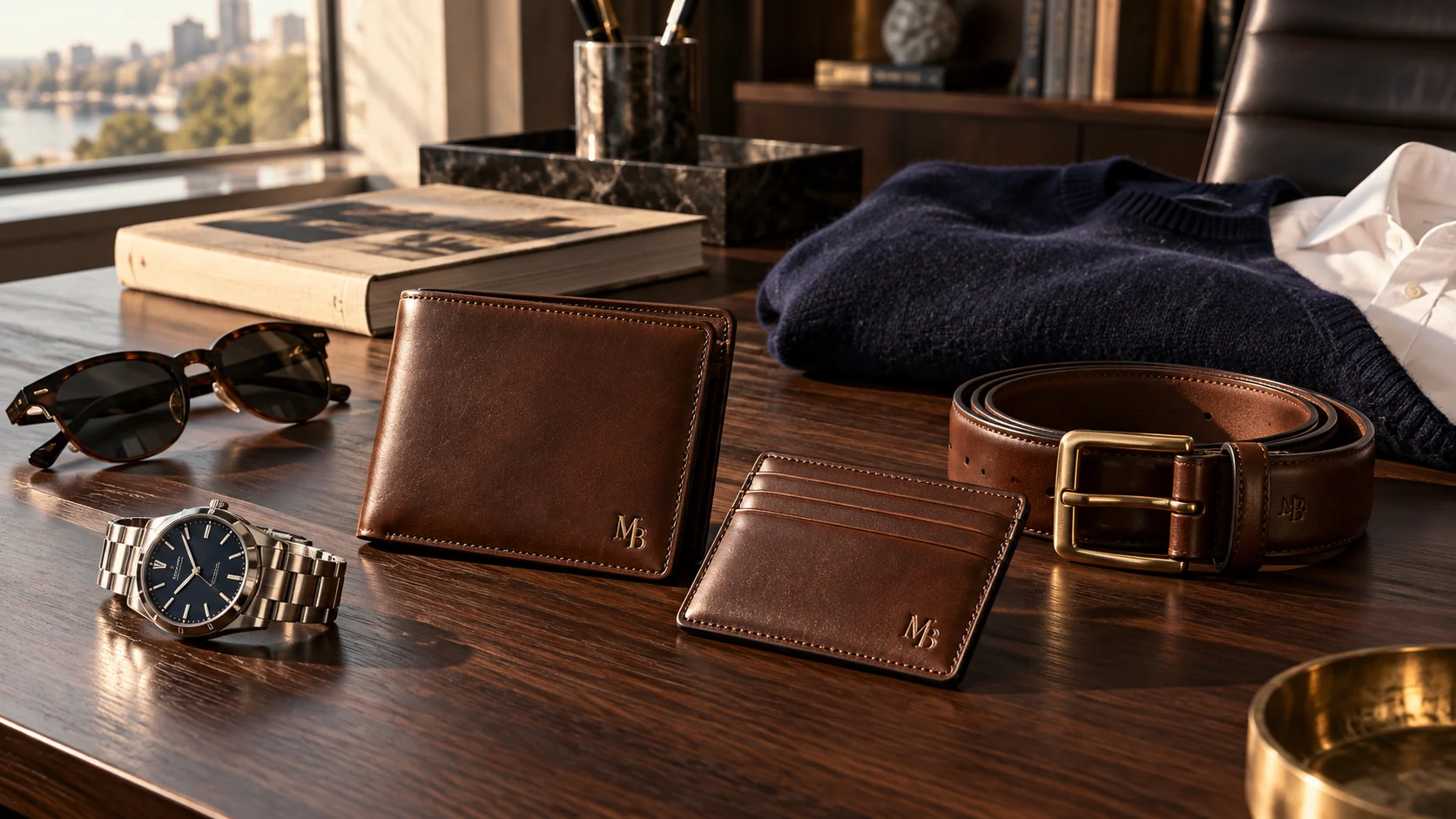 Accesorios MOND BLAIR sobre una mesa de nogal: billetera, tarjetero, correa, reloj y prendas.