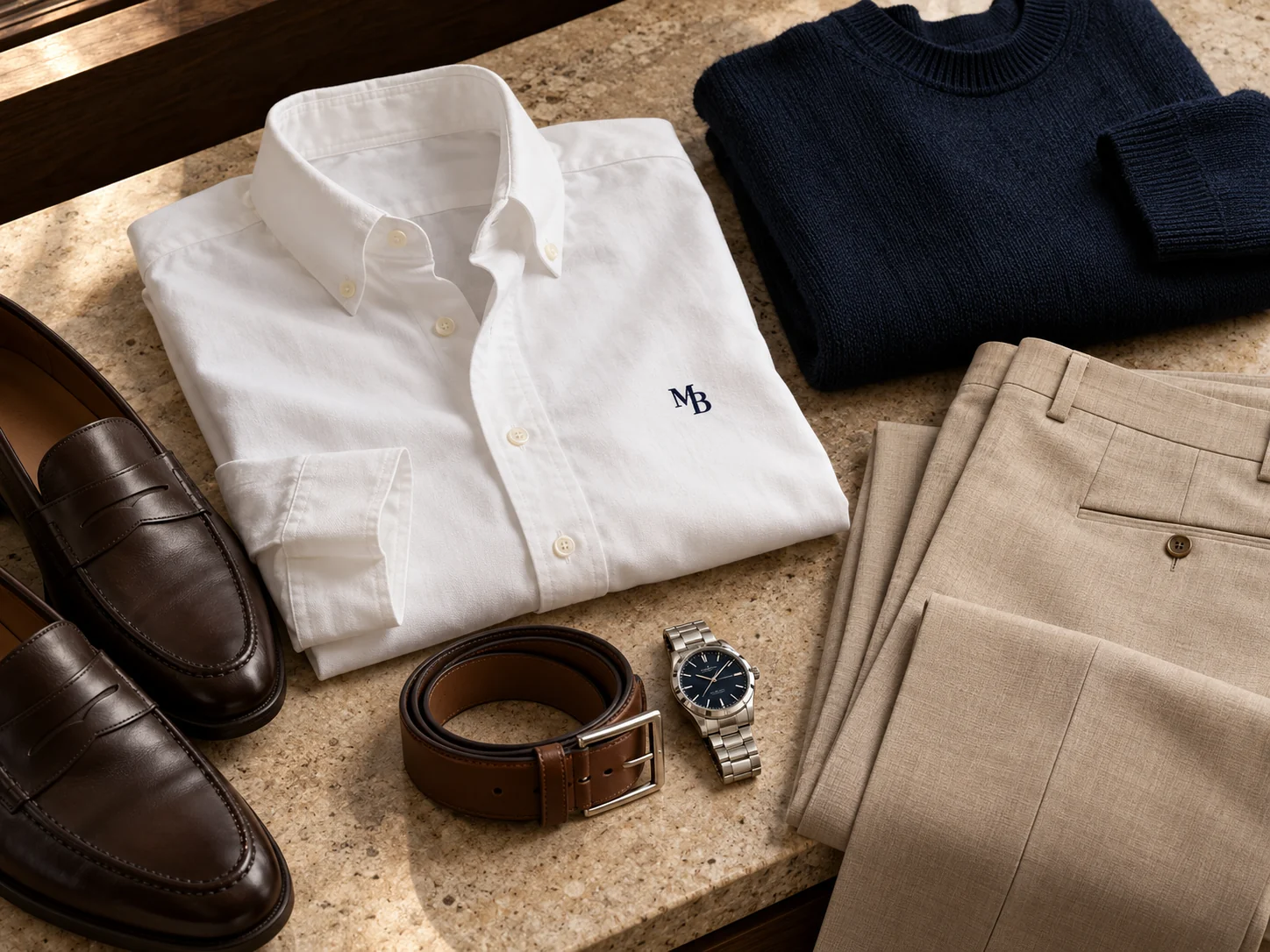 Composición con camisa blanca, suéter marino, pantalón beige y accesorios clásicos.