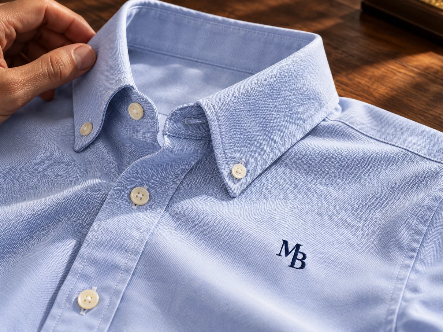Detalle del tejido, cuello, botones y bordado de una camisa Oxford celeste MOND BLAIR.