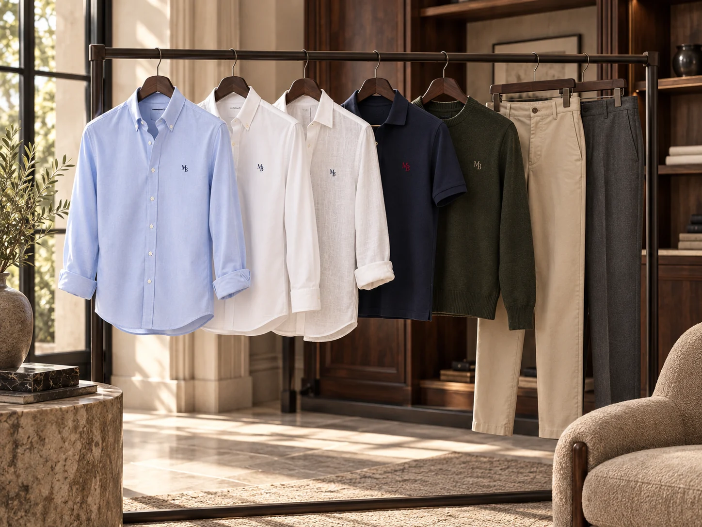 Selección de camisas, polos, suéteres y pantalones MOND BLAIR en un perchero de nogal.
