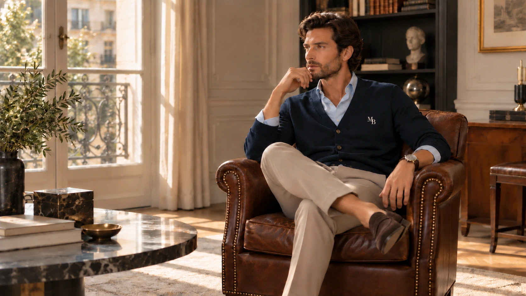 Hombre MOND BLAIR sentado en interior elegante