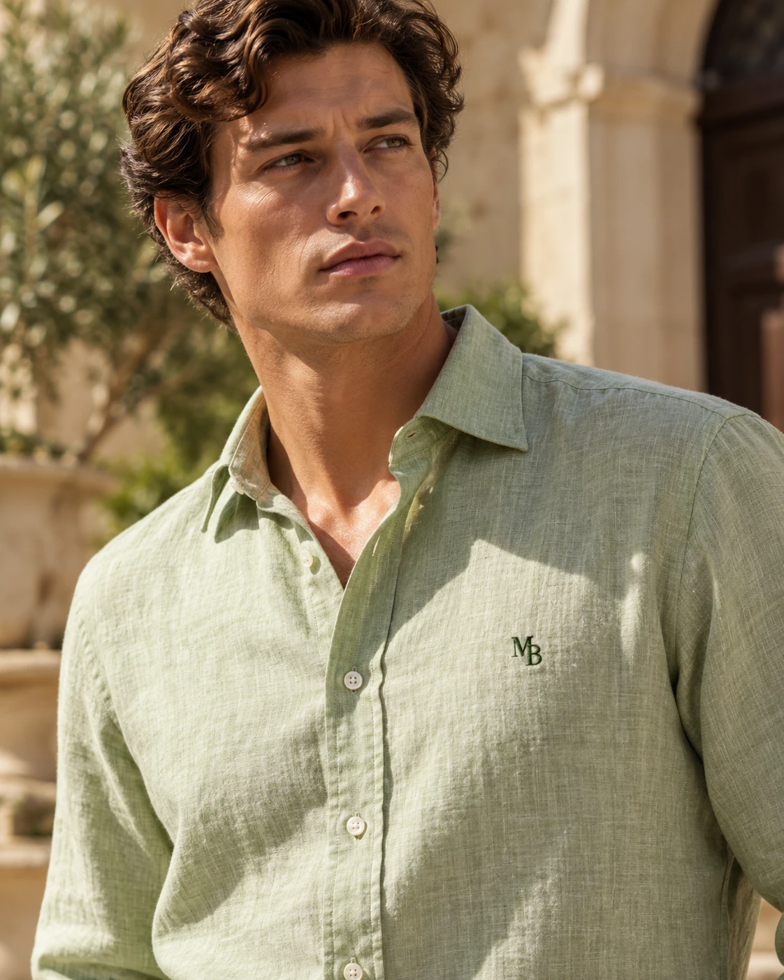 Camisa de Lino Verde claro · MB Verde oscuro, detalle