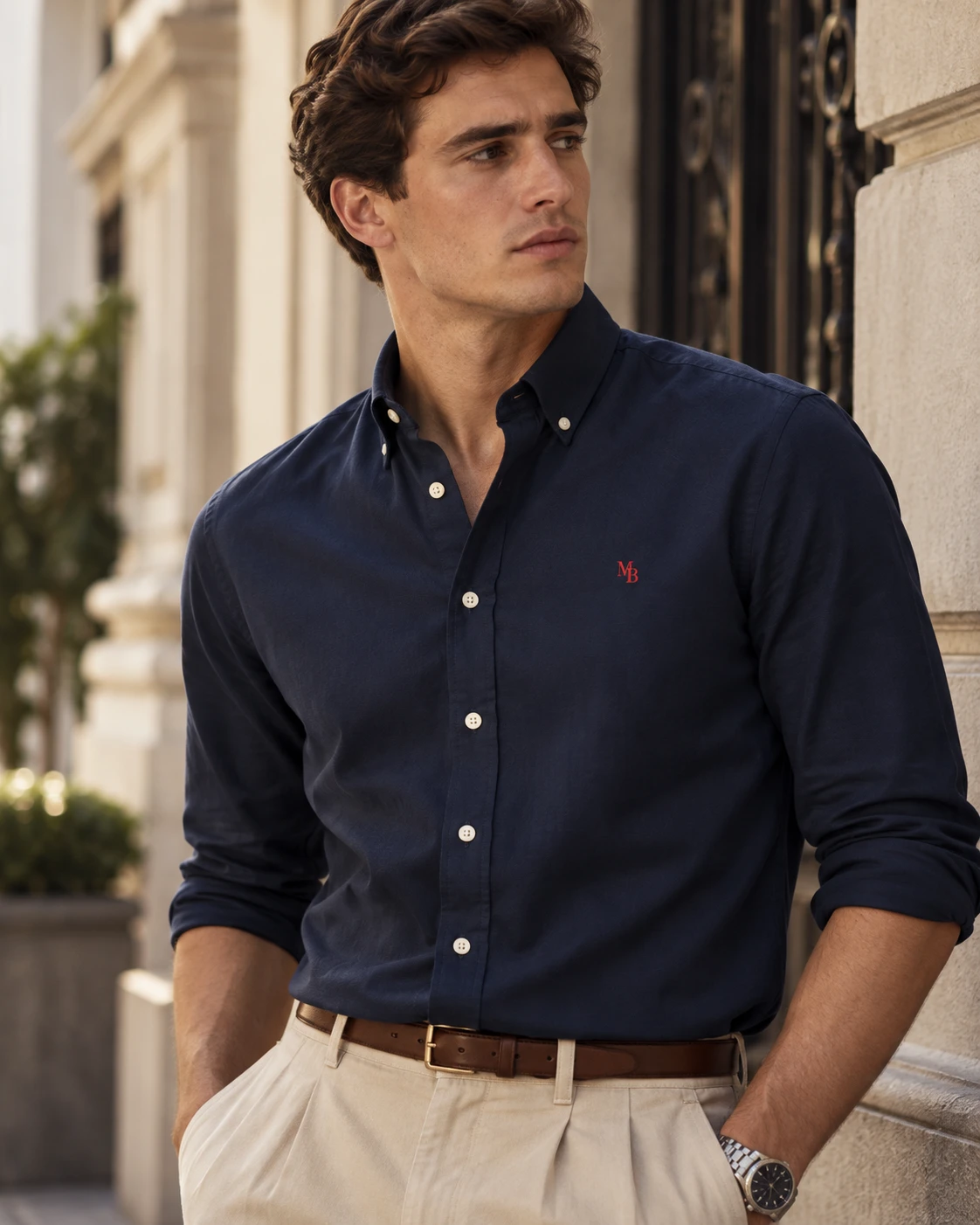 Camisa Oxford Navy · MB Rojo, detalle