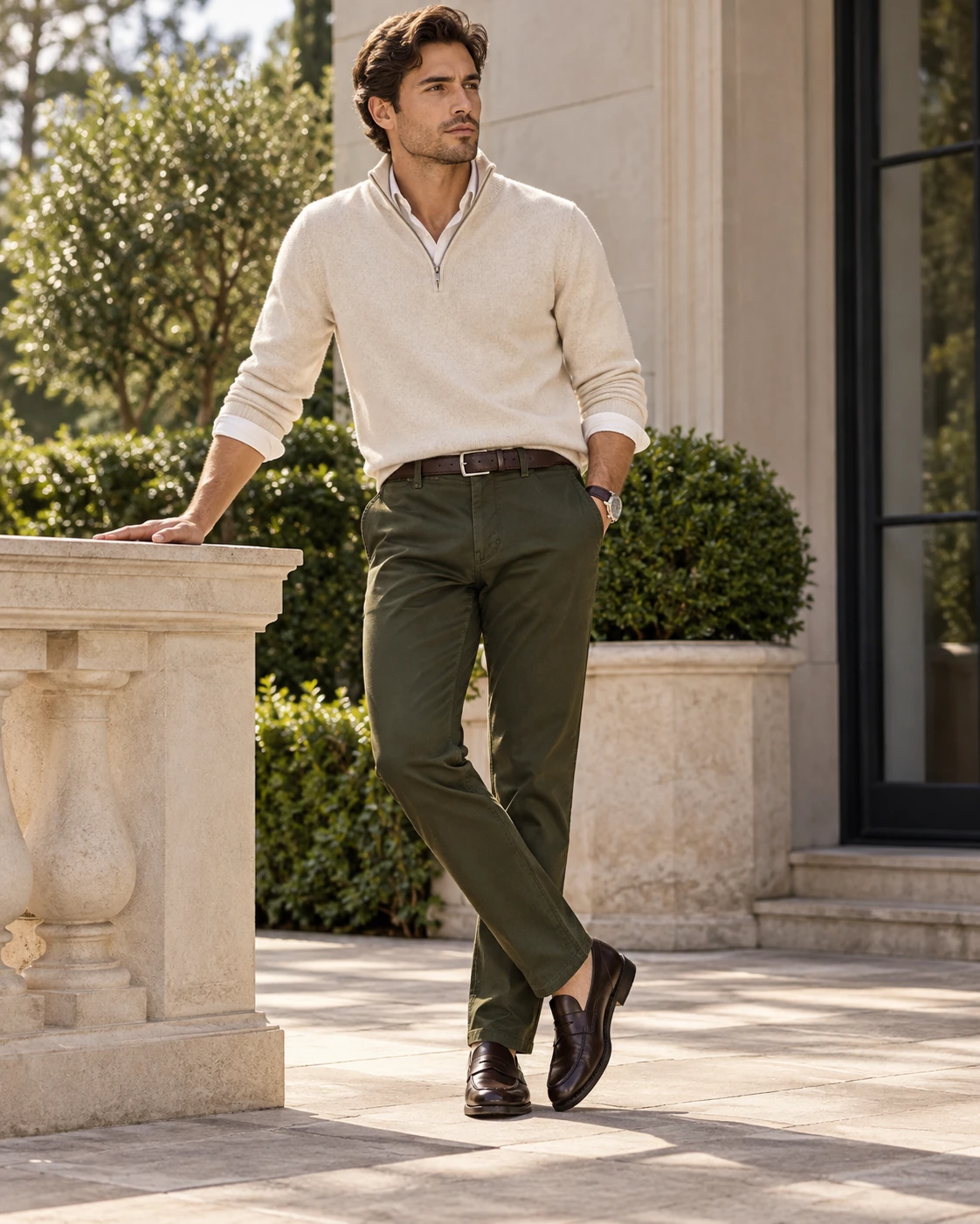 Pantalón Chino Verde oliva oscuro, look completo