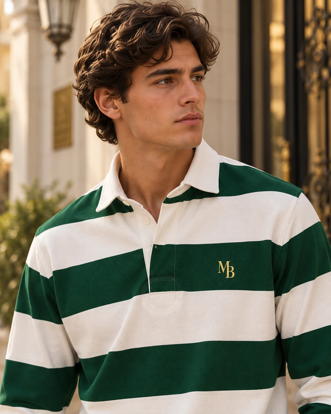 Polo Piqué Manga Larga Blanco / Verde · MB Amarillo, detalle