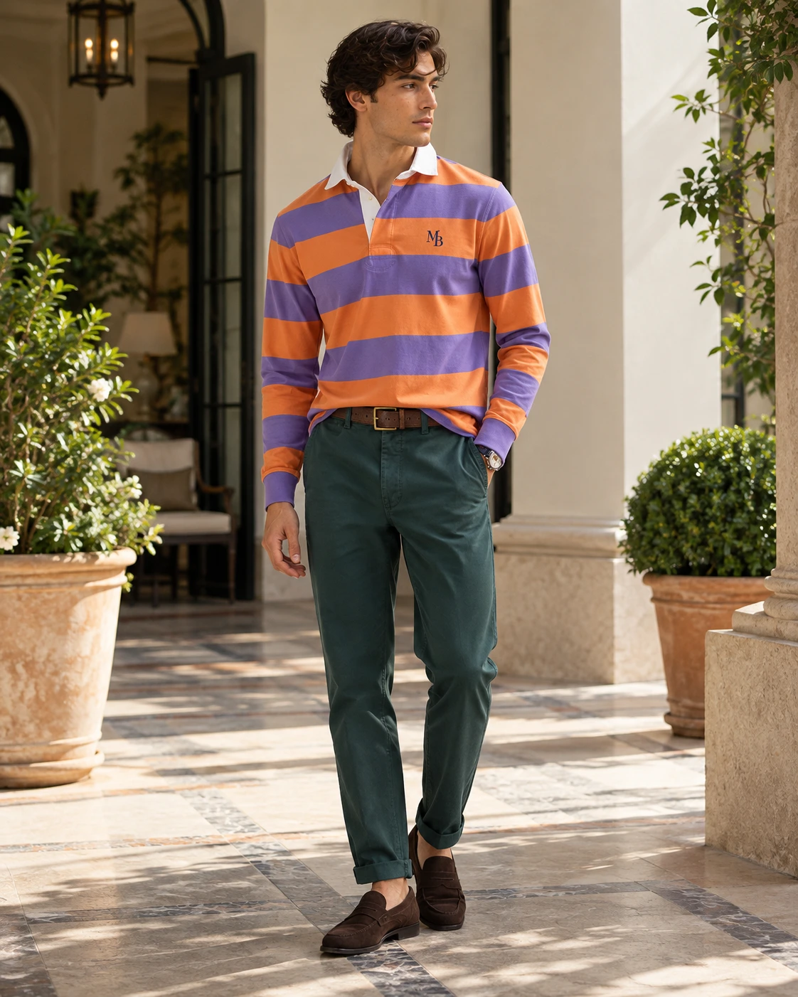 Polo Piqué Manga Larga Naranja / Violeta, look completo
