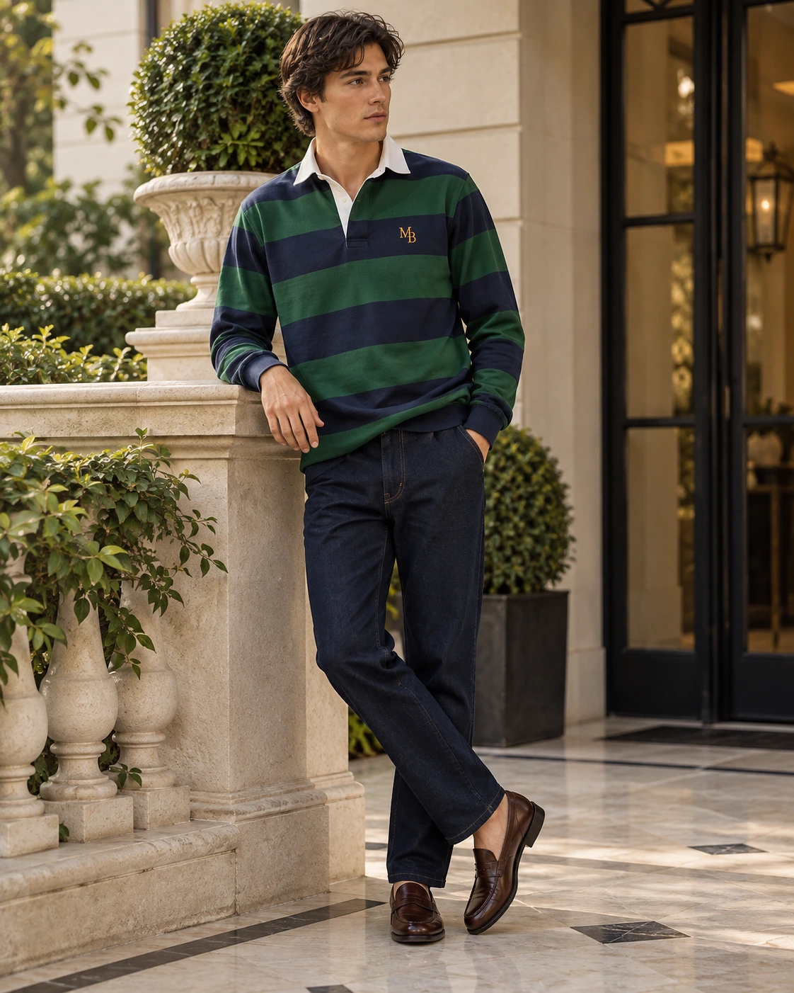 Polo Piqué Manga Larga Navy / Verde · MB Amarillo, look completo