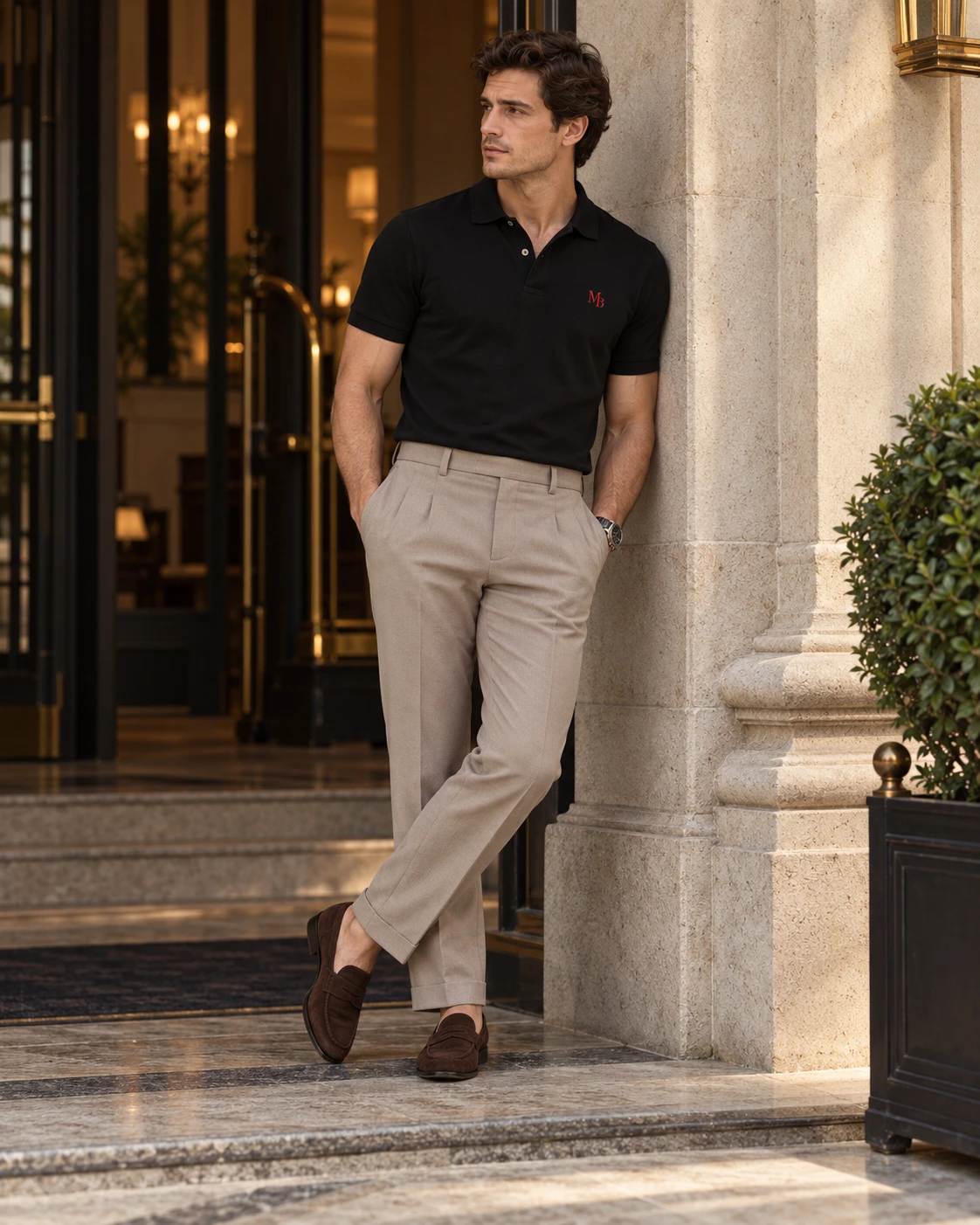 Polo Piqué Negro · MB Rojo, look completo