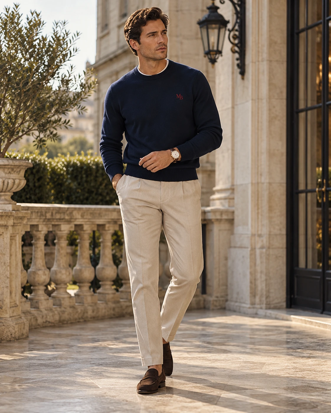 Suéter Cuello Redondo Azul navy · MB Rojo, look completo