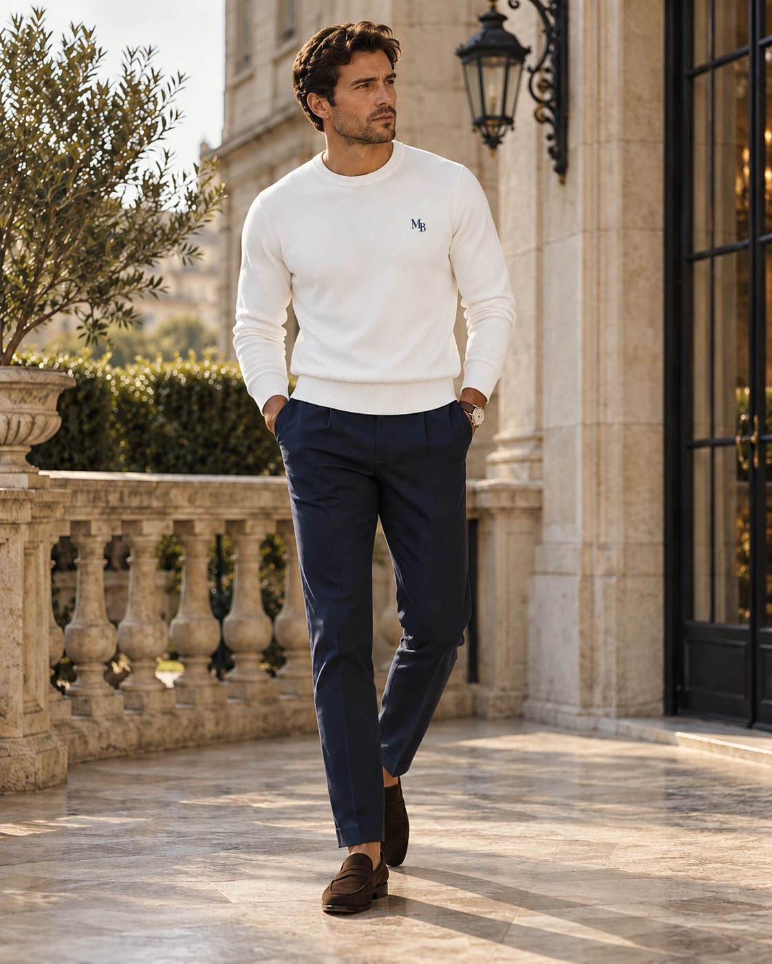 Suéter Cuello Redondo Blanco · MB Navy, look completo