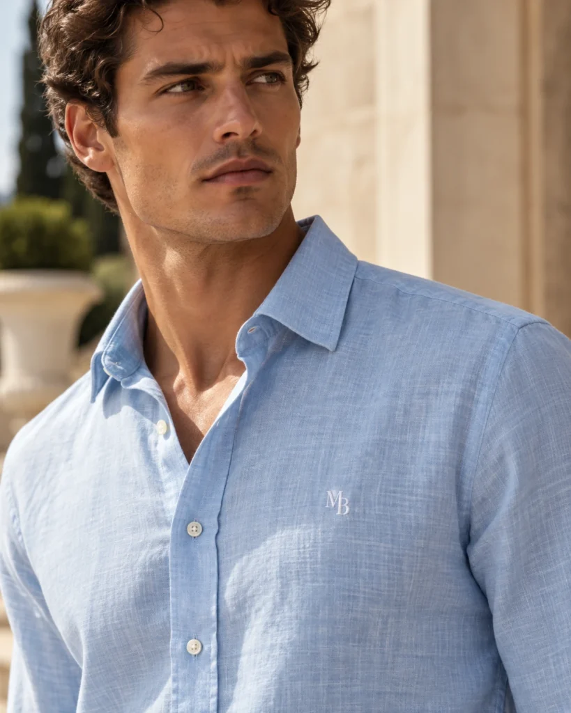 Camisa de Lino — Celeste · MB Blanco — detalle