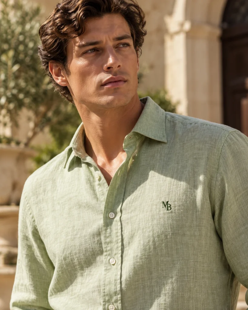 Camisa de Lino — Verde claro · MB Verde oscuro — detalle