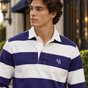Polo Piqué Manga Larga — Blanco / Morado · MB Blanco