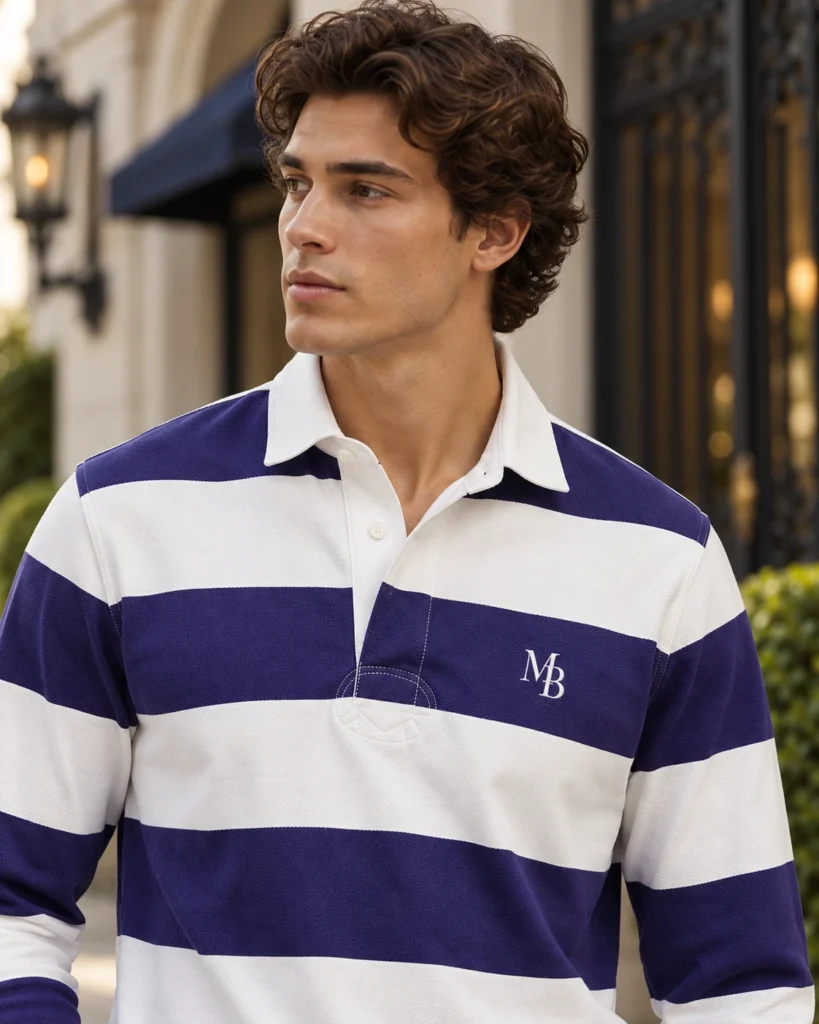 Polo Piqué Manga Larga — Blanco / Morado · MB Blanco — detalle