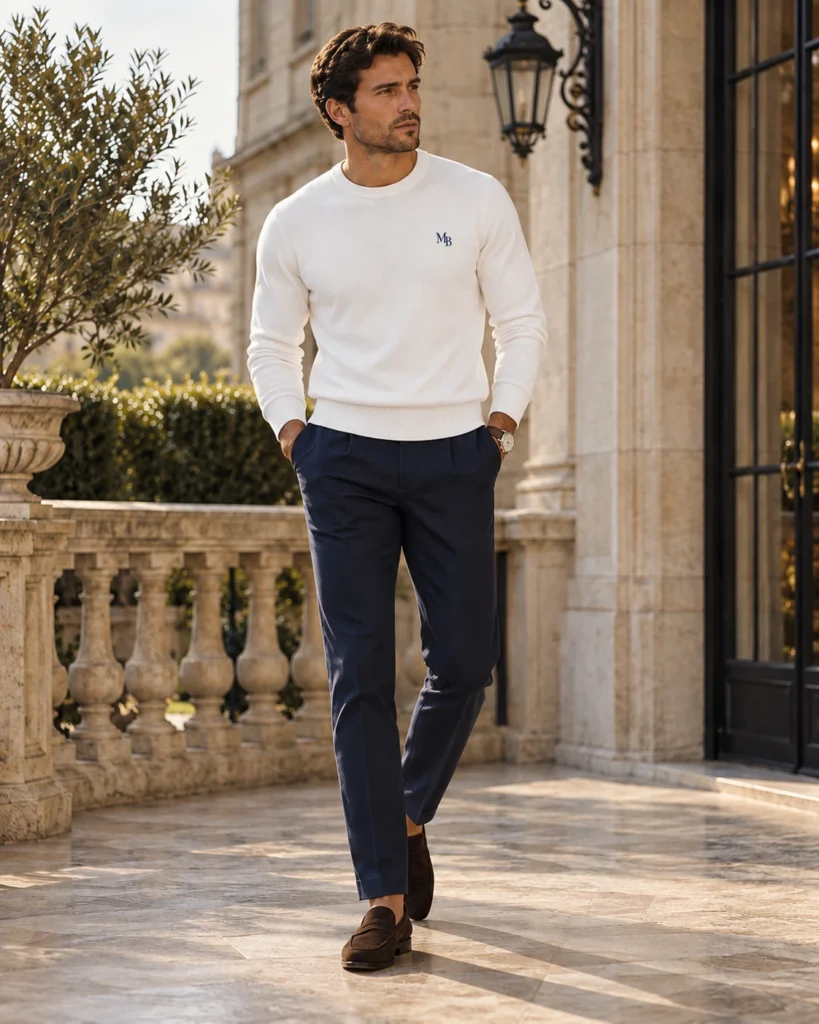 Suéter Cuello Redondo — Blanco · MB Navy — vista completa